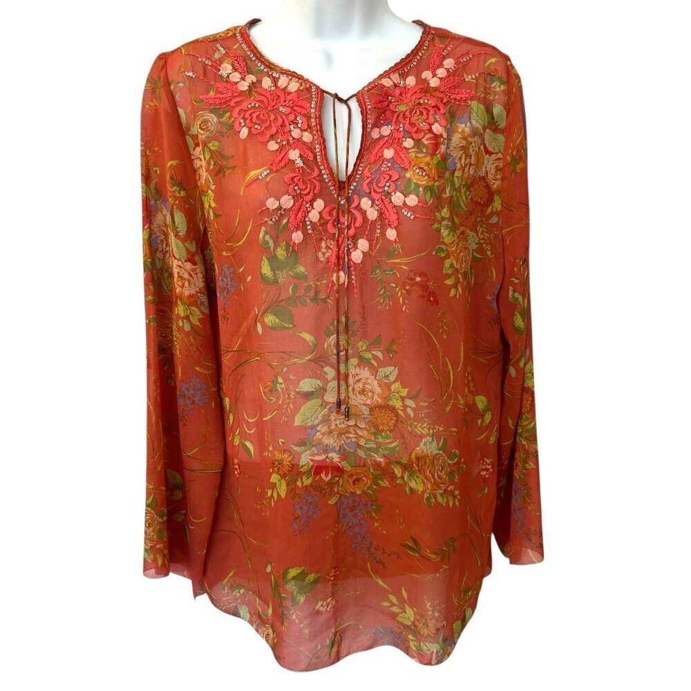CAbi Womens 100% Silk Floral Embroidered Tunic Top S Coral Pink Sheer Boho Flowy